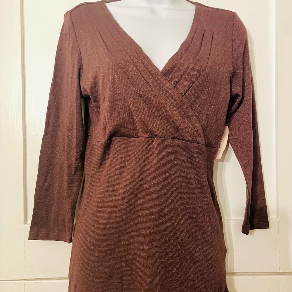 Dressbarn Brown V-Neck Sheath Dress 3/4 Sleeve